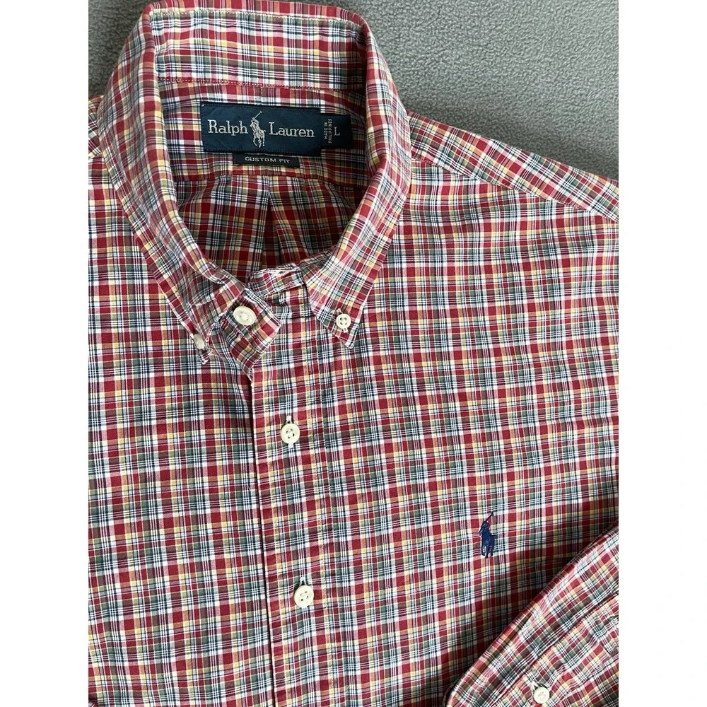 Polo‎ Ralph Lauren Custom Fit Red / Green Plaid Mens Button Down Sz Lrg